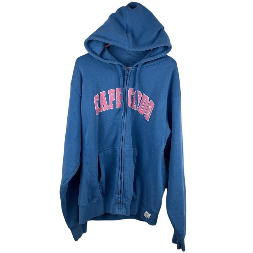 CUFFY'S blue Cape Cod spell out full zip hooded sweater Womens size large